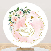 Aperturee - White Pink Floral Leaf Swan Round Birthday Backdrop